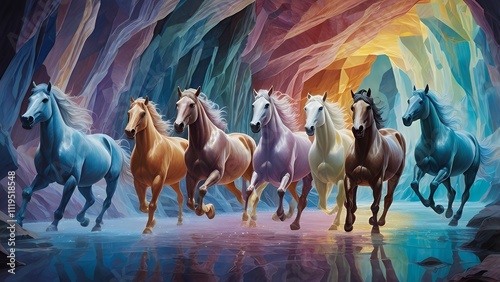 Seven luminescent horses galloping through an underground crystal cavern, Acrylic wall painting illustration image.