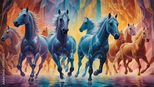 Seven luminescent horses galloping through an underground crystal cavern, Acrylic wall painting illustration image. photo