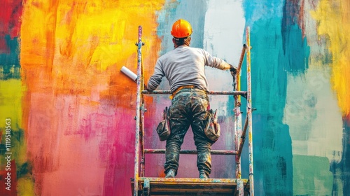 Construction professional painting with a roller on scaffolding, showcasing vibrant paint strokes, tools in hand, and safety measures in place.