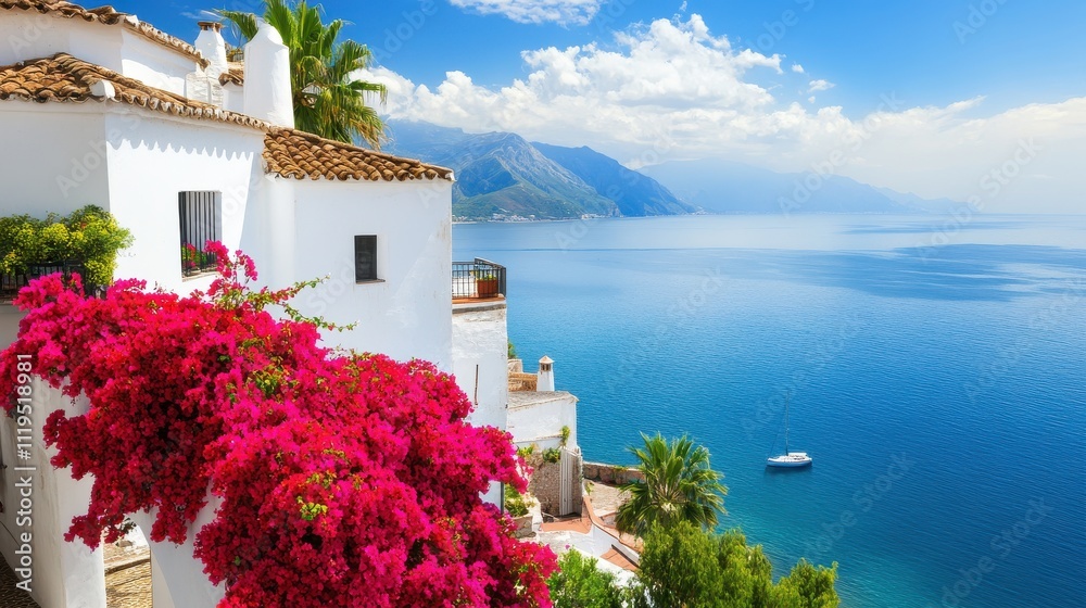 Obraz premium Vibrant pink bougainvillea blooms adorn a whitewashed house overlooking a stunning coastal vista with crystal-clear turquoise water, mountains, and a lone sailboat.