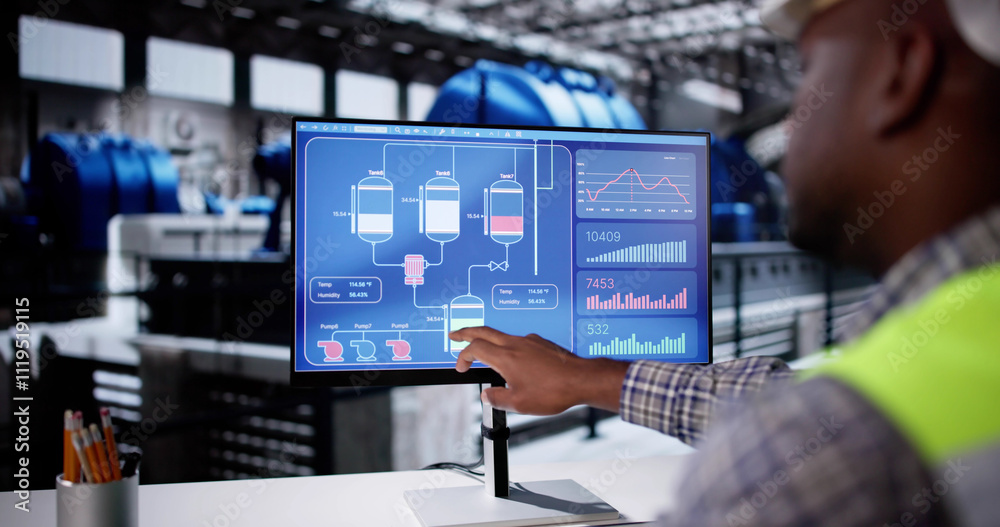 Fototapeta premium Power Plant Worker Using Scada System