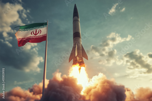 Iranian nuclear program. ICBM ballistic missile being launched, Iran flag in foreground. Iranian weapons of mass destruction concept