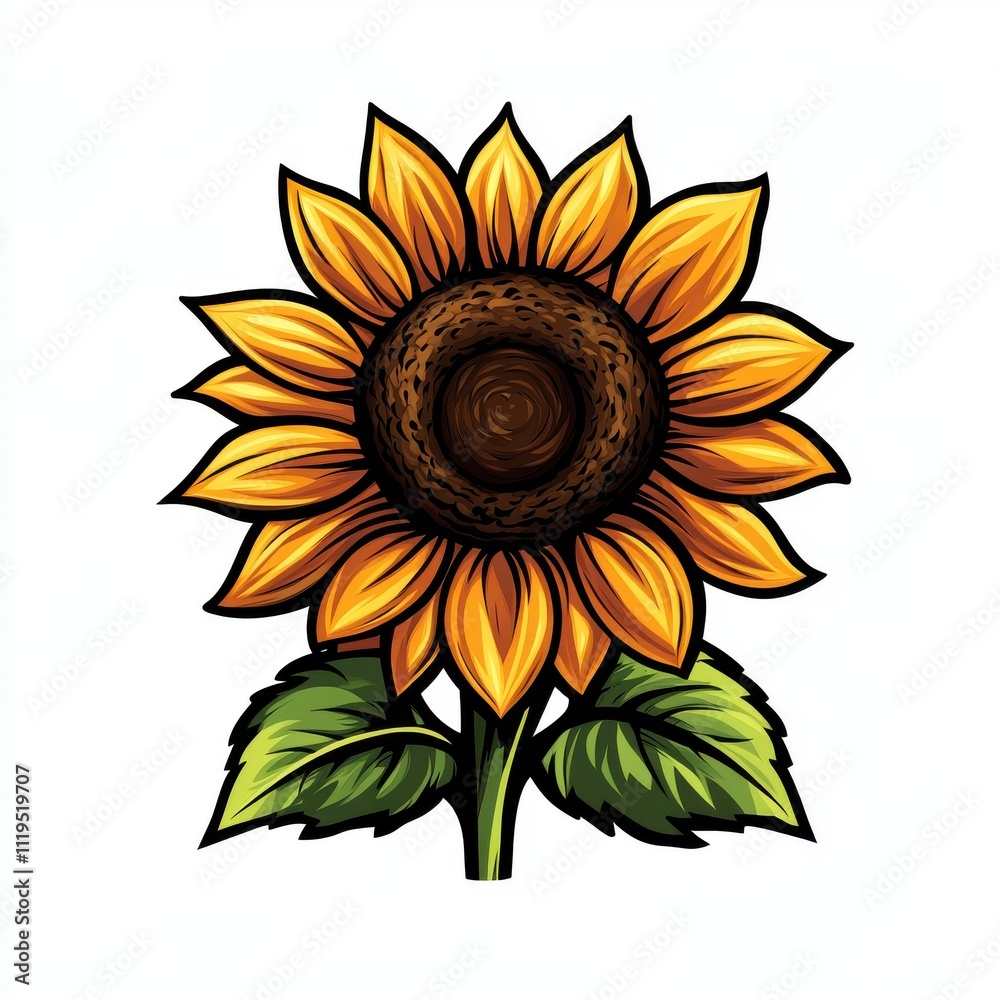 Fototapeta premium Vibrant sunflower illustration with detailed petals and leaves.