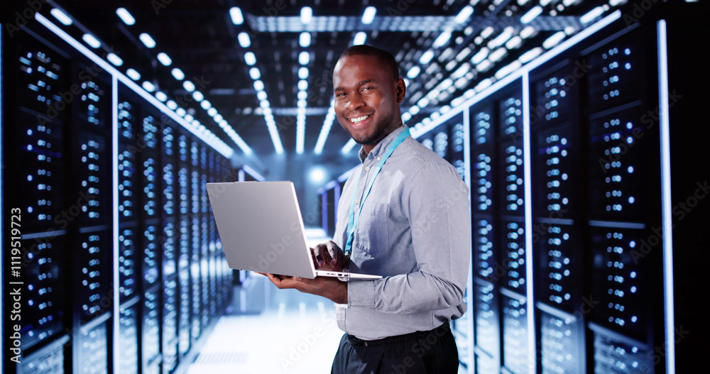 Happy Engineer In Data Center Server Room Configuring AI Happy Engineer In Data Center Server Room Configuring AI