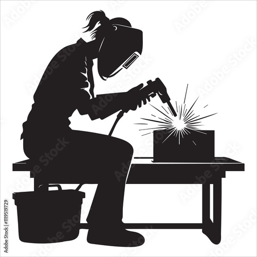 Female Welder Seated at Workbench vector