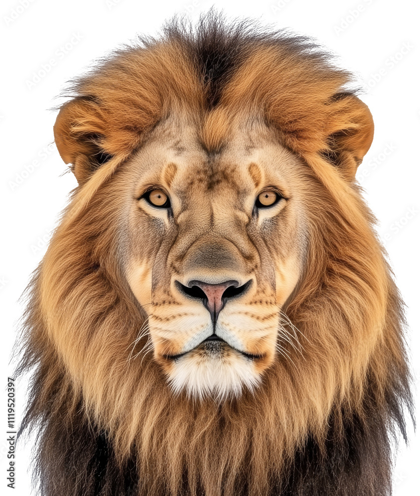 Fototapeta premium Portrait of a majestic lion with a lush mane on a transparent background