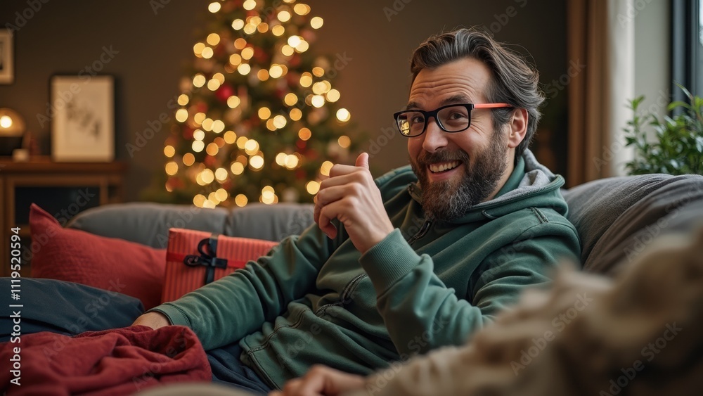 Fototapeta premium Man Smiling Warmly While Sitting on a Couch Beside a Decorated Christmas Tree During a Festive Evening