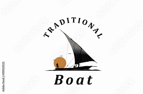 Sailboat with fishermen and sunset, logo design