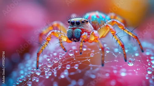 Obraz A vibrantly colored spider scales its glistening web, adorned with sparkling dewdrops in a magical morning scene.