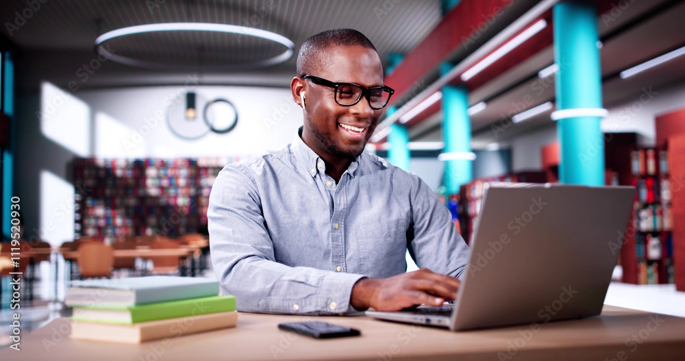 Male Student Studying With Computer Doing Research