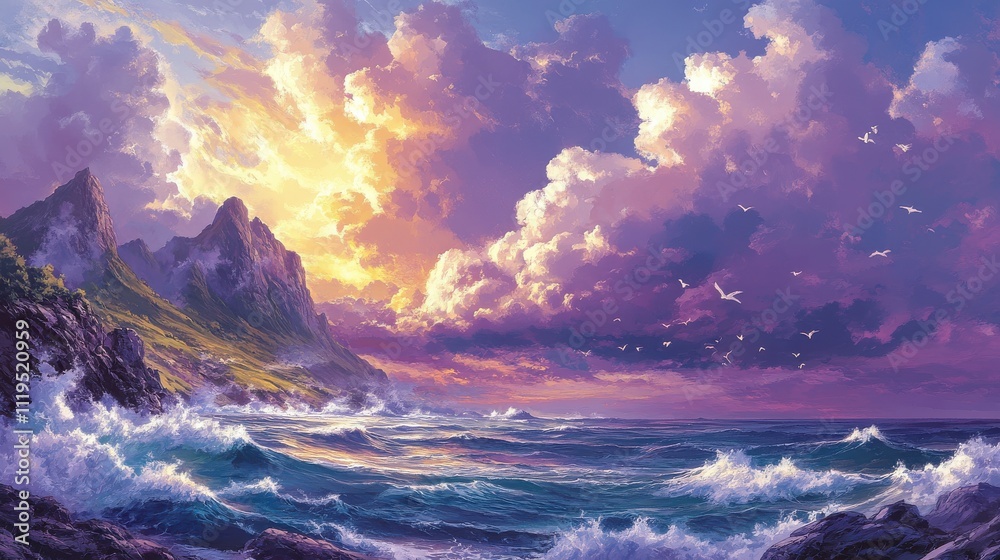 Fototapeta premium Vibrant sunset over dramatic coastal mountains, ocean waves crashing on rocky shore, birds flying.