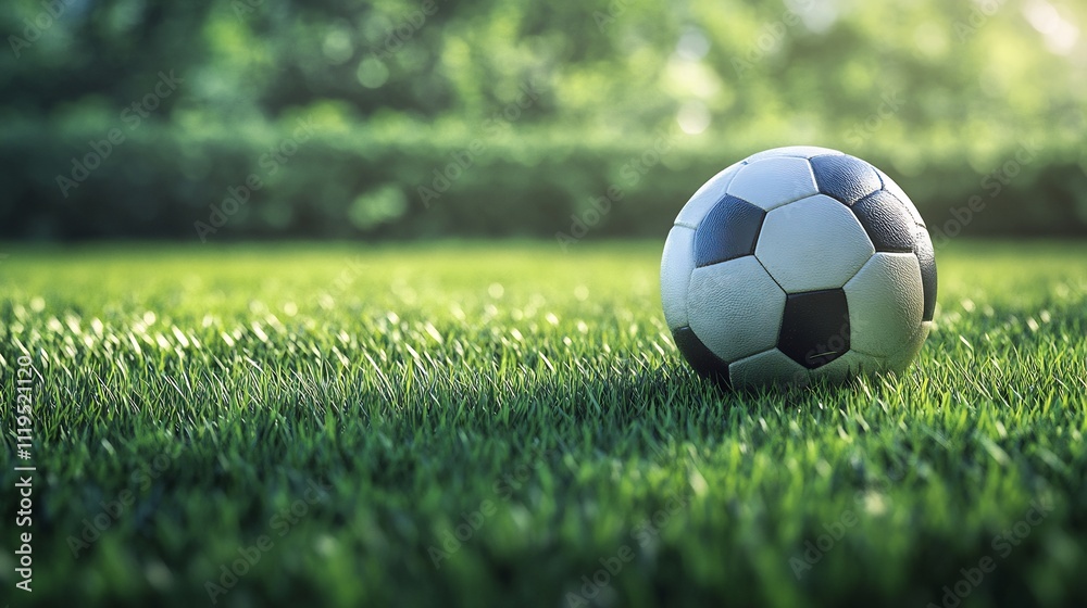 Fototapeta premium Soccer Ball on Lush Green Grass Field Under Sunlight