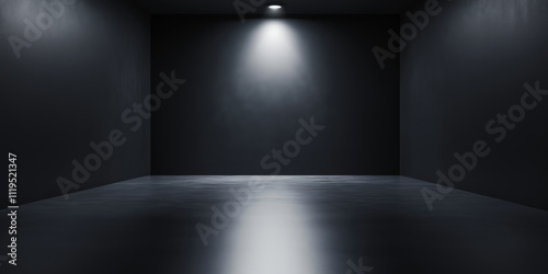 Dark empty room with spotlight highlighting a polished concrete floor