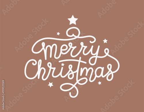 Merry Christmas calligraphy hand written words on mocha mousse background. Text with tree shape and stars. Trendy phrase for posters, sticker, print in 2025 color