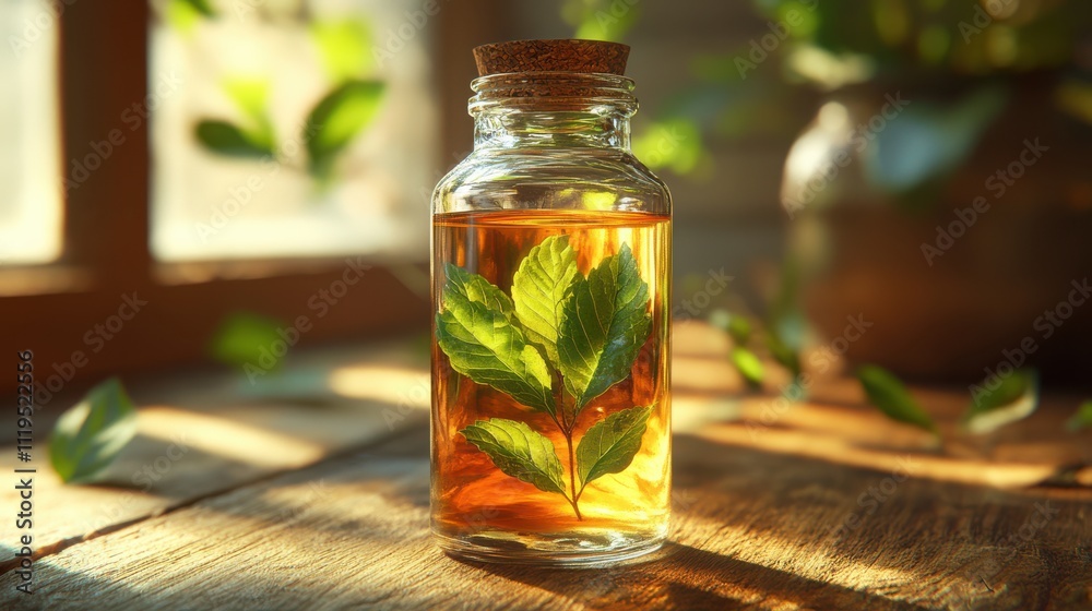 A small bottle of herbal infusion, adorned with fresh green leaves, glows warmly in a sunlit room, exuding a sense of natural wellness and serenity. A small bottle of herbal infusion, adorned with fresh green leaves, glows warmly in a sunlit room, exuding a sense of natural wellness and serenity.