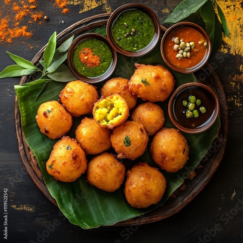 crispy Aloo Bondas arranged on a traditional Indian