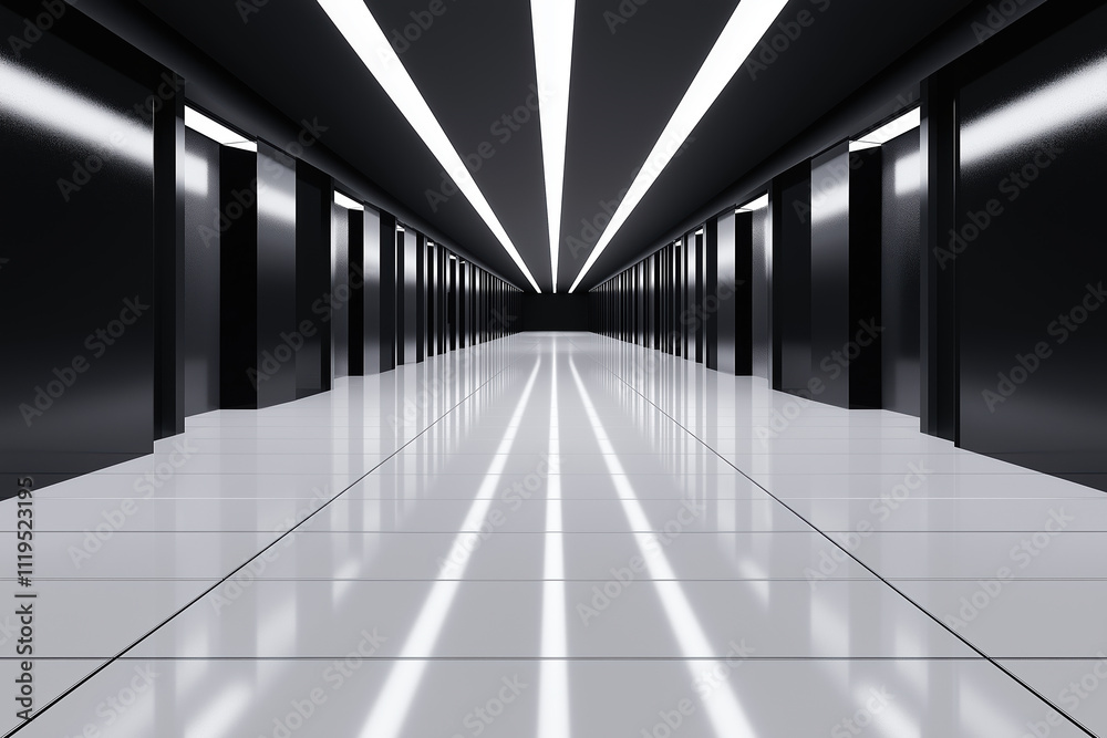 Sleek modern hallway with reflective flooring and minimalist design Sleek modern hallway with reflective flooring and minimalist design