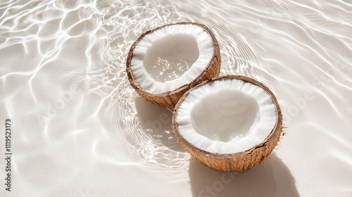 halved coconuts, tropical vibe, beach aesthetic, fresh coconut, exotic fruit, coconut shell, natural tropical, summer refreshment, island food, coconut water, organic texture, tropical nature
