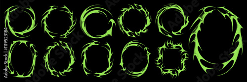 Set of Neo tribal gothic frame with halftone texture. Trendy acid green y2k elements for web design, poster, decorating. Vector graphic asset.