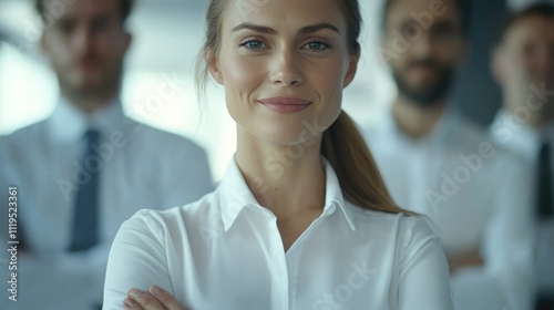 Professional Woman Standing in Boardroom with Colleagues photo