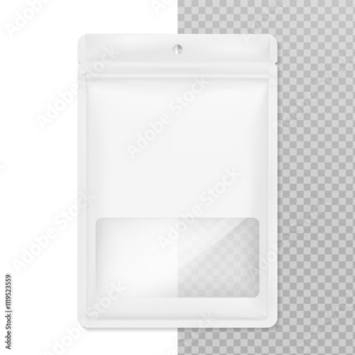 Sachet ziplock bag with clear window and round hole mockup. Hyper realistic vector illustration isolated on white and transparent background. Ready for use in your design. EPS10.