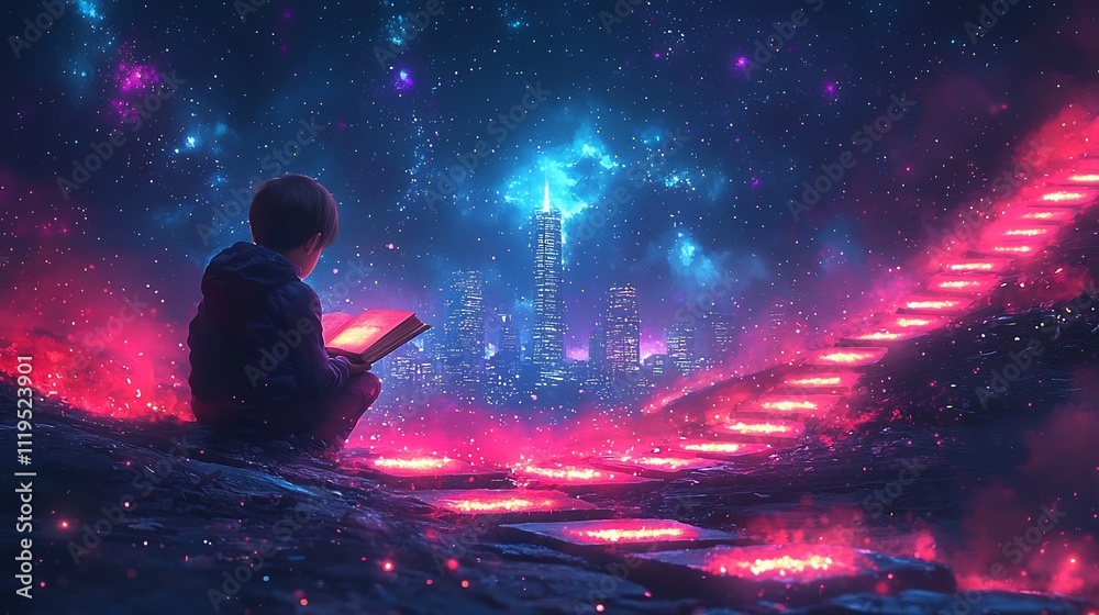 Child Reading Glowing Book Leads Path to Futuristic City Skyline Symbolizing Education and Progress Child Reading Glowing Book Leads Path to Futuristic City Skyline Symbolizing Education and Progress
