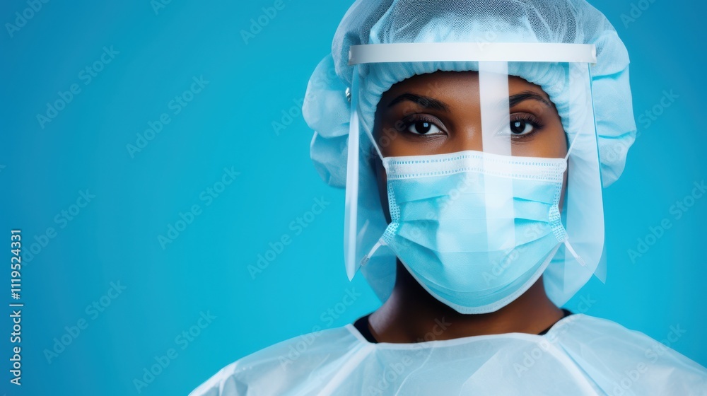 A healthcare professional stands resilient in protective gear, mask, and cap against a solid blue background, embodying safety and care. A healthcare professional stands resilient in protective gear, mask, and cap against a solid blue background, embodying safety and care.