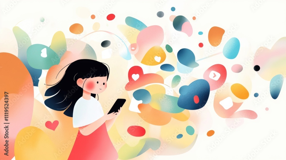 Digital interaction concept with girl using smartphone amidst vibrant abstract shapes Digital interaction concept with girl using smartphone amidst vibrant abstract shapes