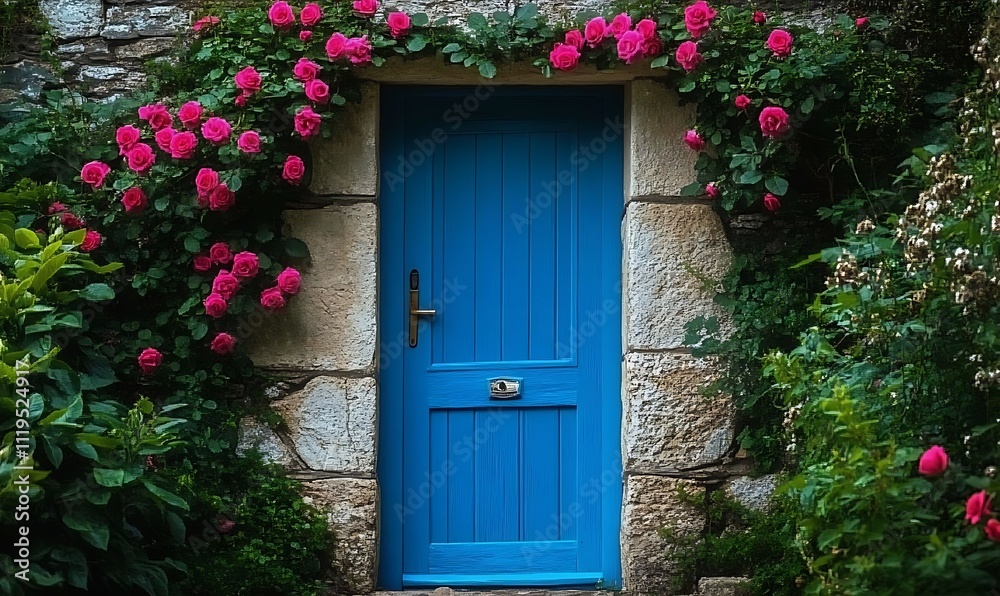 Cute and cozy house with Easter spring decor, wreath on a door, flowers in pots, Generative Ai Cute and cozy house with Easter spring decor, wreath on a door, flowers in pots, Generative Ai