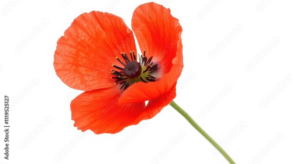 Fototapeta premium Vibrant red poppy flower with delicate petals isolated on a white background, petal, flower