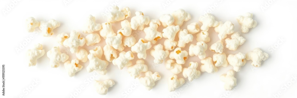 A group of fluffy, buttery popcorn kernels isolated on a clean white background, movie theater, yellow A group of fluffy, buttery popcorn kernels isolated on a clean white background, movie theater, yellow