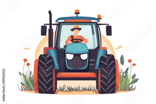  Farmer Driving Tractor - Front View Flat Vector Illustration of Agriculture Vehicle