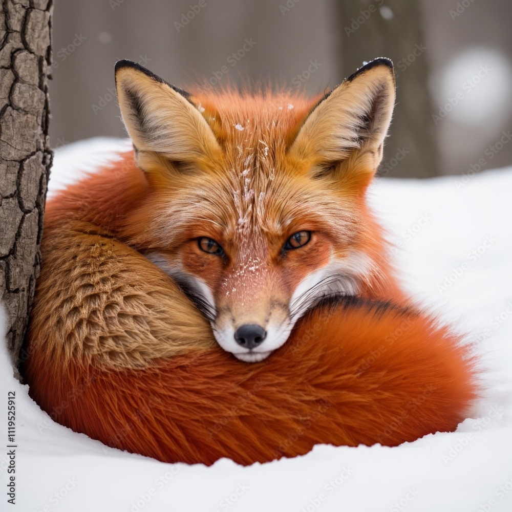 Obraz premium Red fox curled up in snow