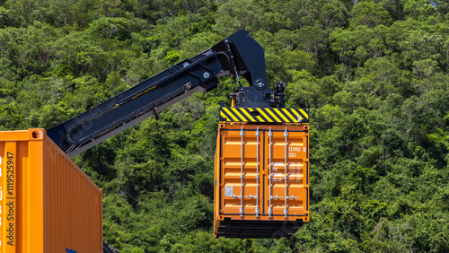 фотографія Reach stacker cargo forklift container box import export logistic transportation industrial, Reach stacker pick up container, Reach stacker container loader crane lifting maritime cargo container