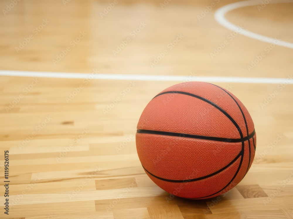 Obraz premium A close-up shot of a basketball lying on a wooden court floor, competitive, athletes