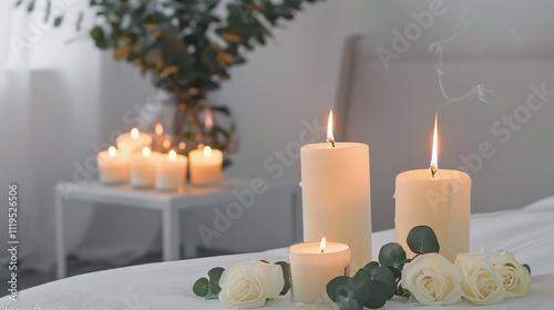 A group of candles flickers softly, their warm glow creating a serene ambiance.  photo