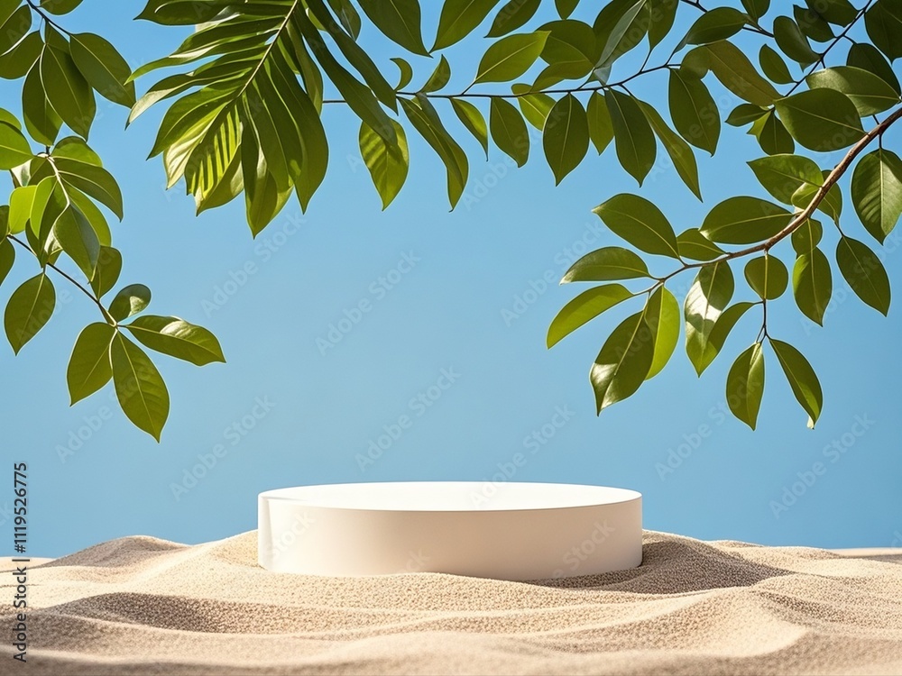 A white podium in round-shaped displayed on the sand with a big tree branch and some green tropical leaves. Blue sky background