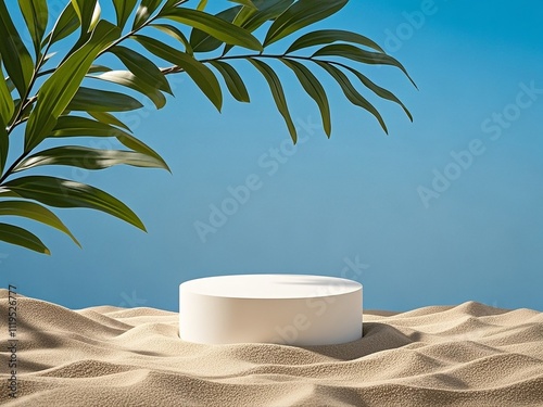 A white podium in round-shaped displayed on the sand with a big tree branch and some green tropical leaves. Blue sky background