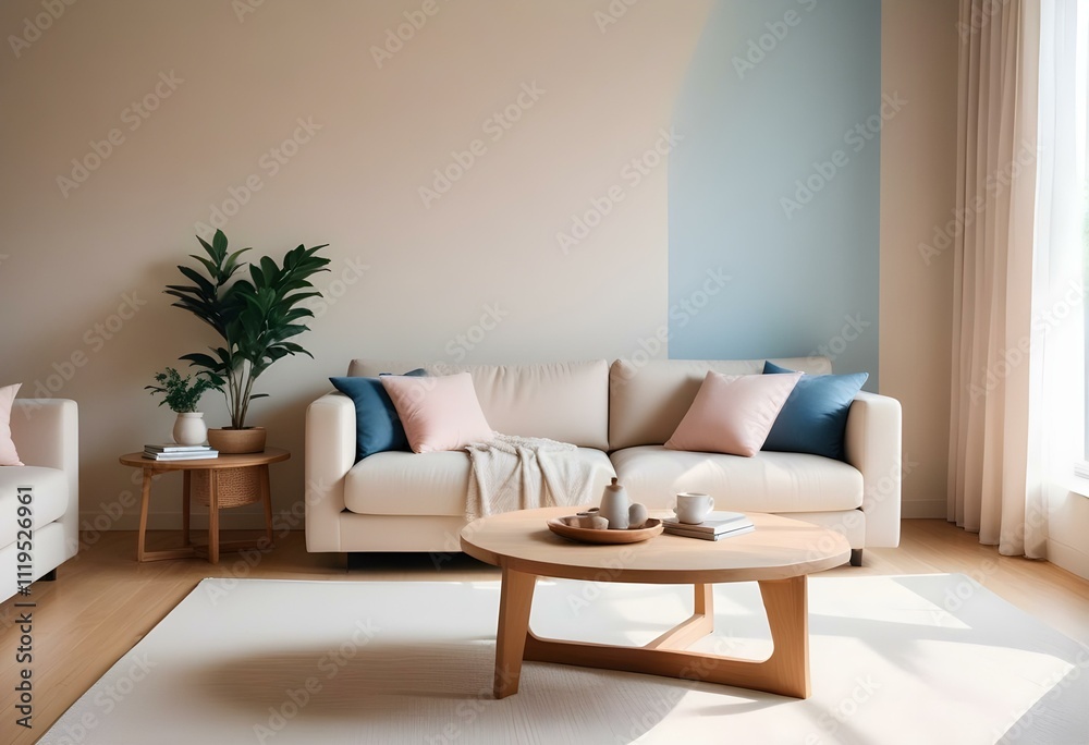 Fototapeta premium Modern Japani Style Apartment: Beige Couch and Minimalist Design