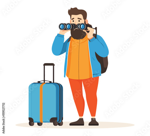 Traveler Holding Binoculars with Luggage in Flat Vector Illustration