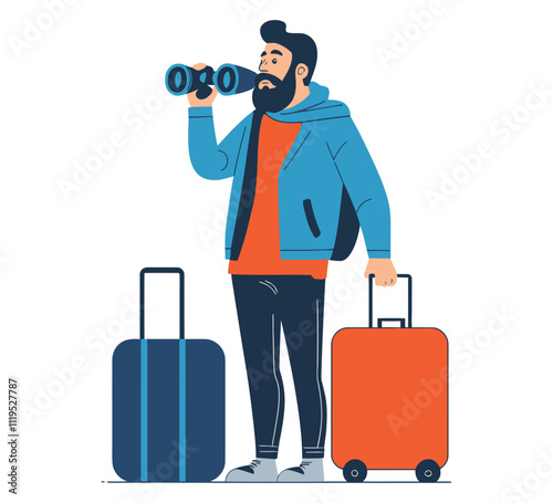 Adventurous Man Exploring with Binoculars and Luggage in Modern Flat Design photo