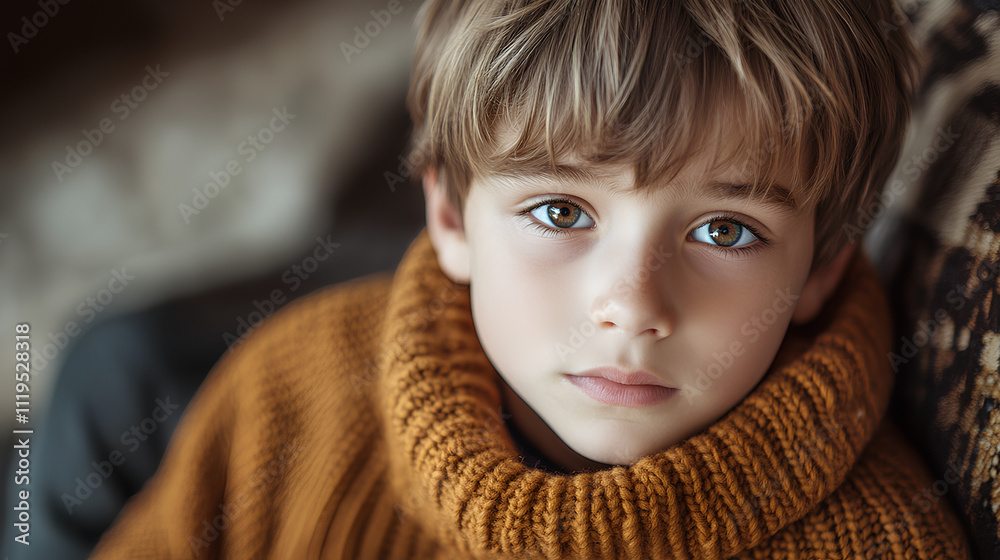 A young boy wearing a woolen sweater staring thoughtfully, soft natural lighting and expressive mood A young boy wearing a woolen sweater staring thoughtfully, soft natural lighting and expressive mood