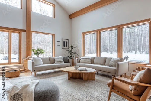 Cozy modern living room with snowy view outside. Generative AI