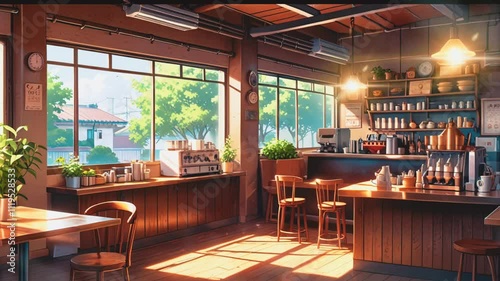 interior of a restaurant Cartoons and anime Animated cafe interior background in the morning, for Lofi background music. seamless looping 4k