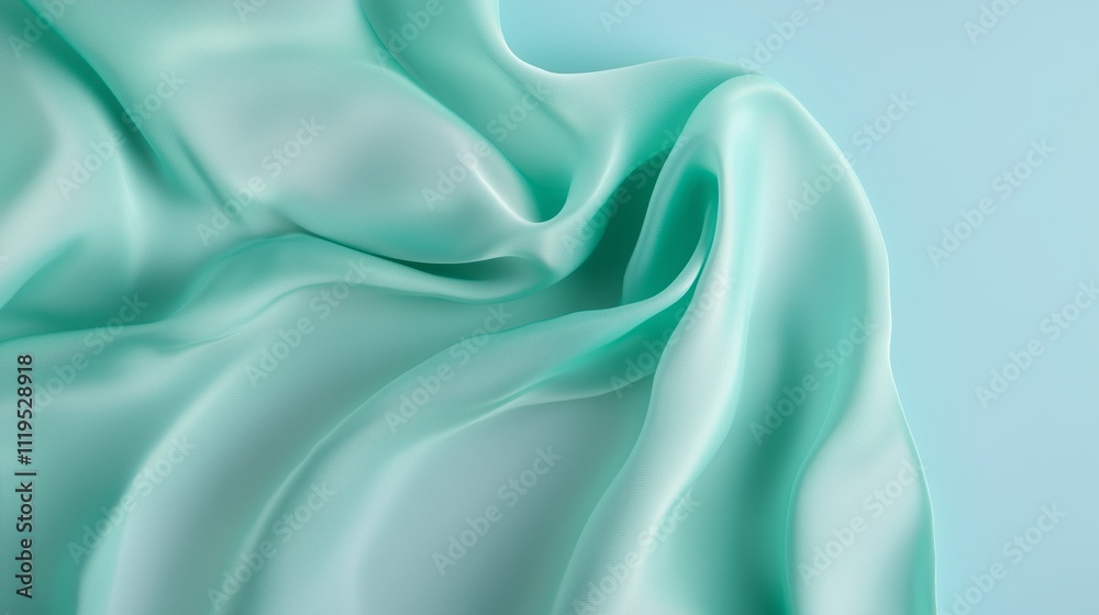 Fototapeta premium Soft teal silk fabric draping elegantly with smooth texture and subtle shine in a fresh light setting