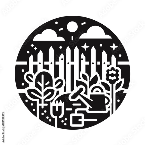 Garden scene illustration, plants and tools, nurturing nature, peaceful outdoor space, copy space