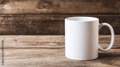 White ceramic mug mockup, Blank white mug on a rustic wooden table, perfect for customization or branding.