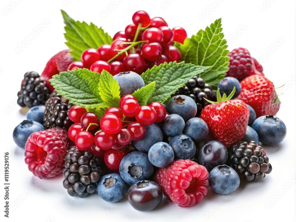 Fresh Berry Mix: Blueberries, Blackberries, Raspberries, Currants - Isolated on White Background for Smoothie Recipes Fresh Berry Mix: Blueberries, Blackberries, Raspberries, Currants - Isolated on White Background for Smoothie Recipes