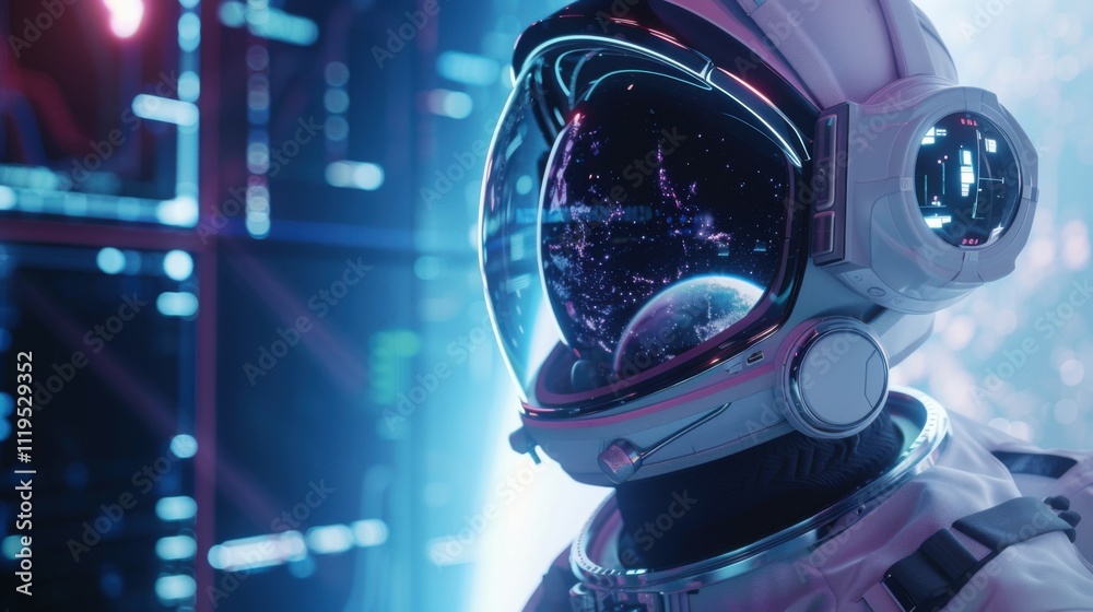 Astronaut with glass helmet with smart lens technology Astronaut with glass helmet with smart lens technology