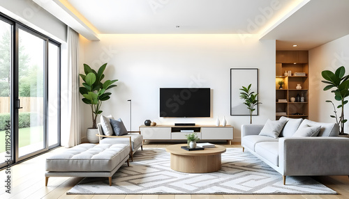 A modern living room interior design with built-in tv cabinet with sofa